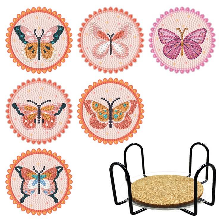 6pcs butterfly diamond painting cup coaster set