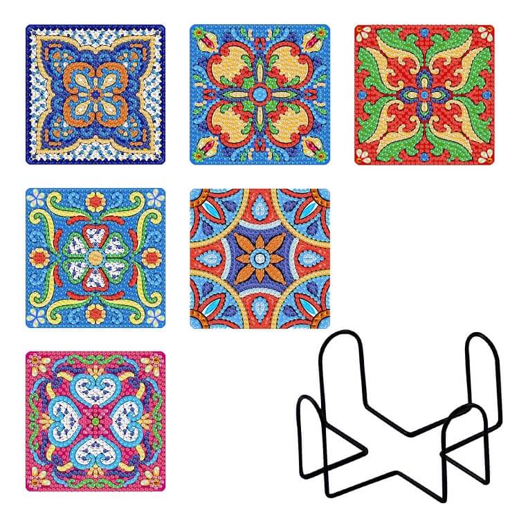 6 Pcs Mandala Pattern Diamond Painting DIY Coasters With Holder 