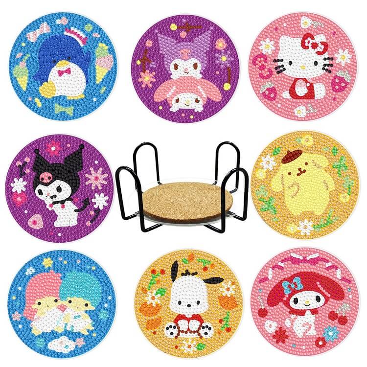 8pcs cartoon diamond painting cup coaster set