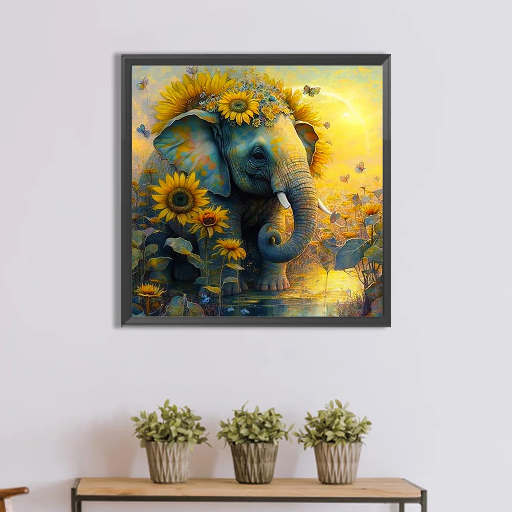 Diamond Painting - Full Round / Square - Elephant & Sunflower