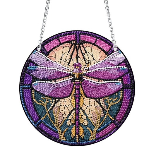 DIY Diamond Painting Vintage Hanging Ornament - Stained Glasses Purple Dragonfly