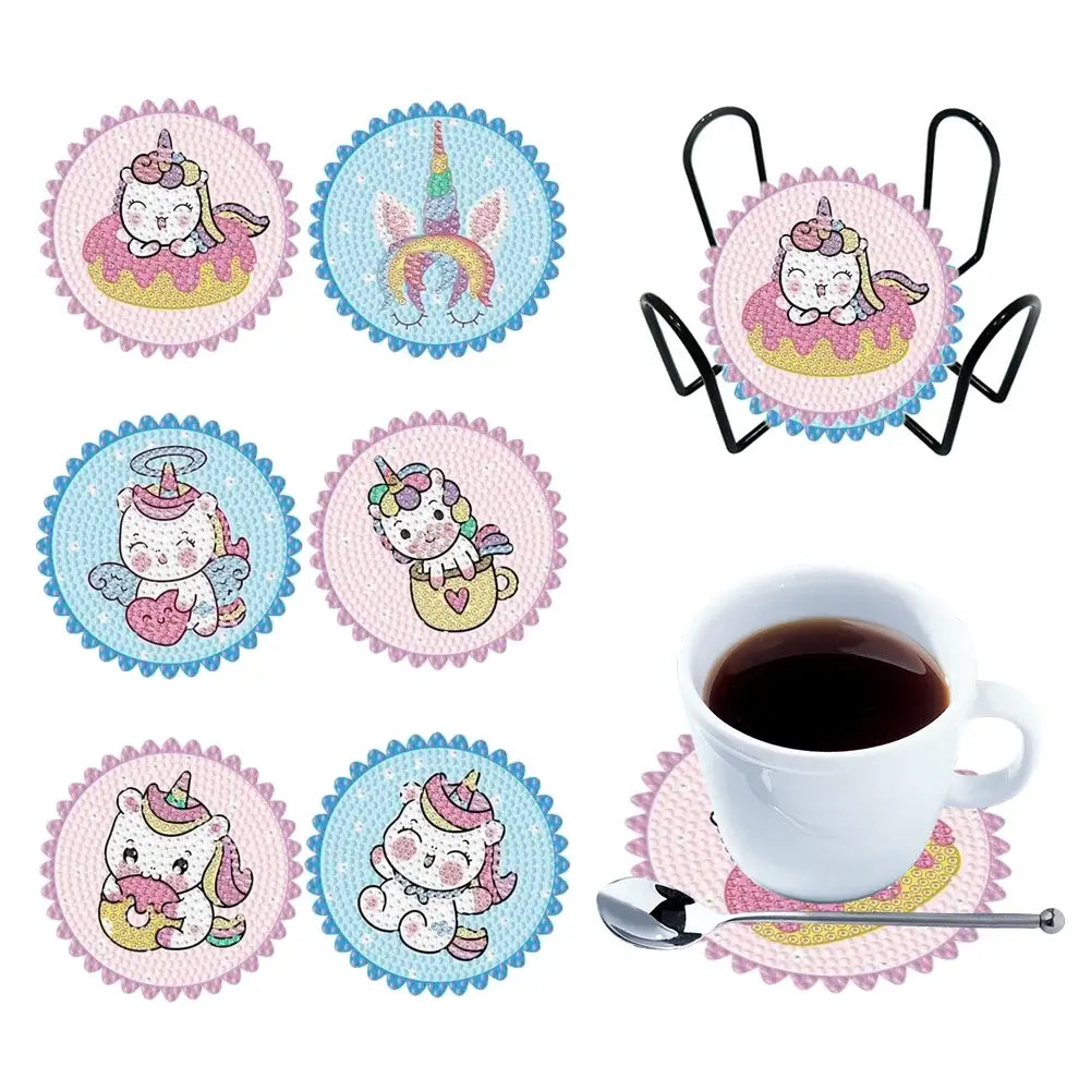 6PCS Unicorn DIY Diamond Painting Coaster Set (With Stand)