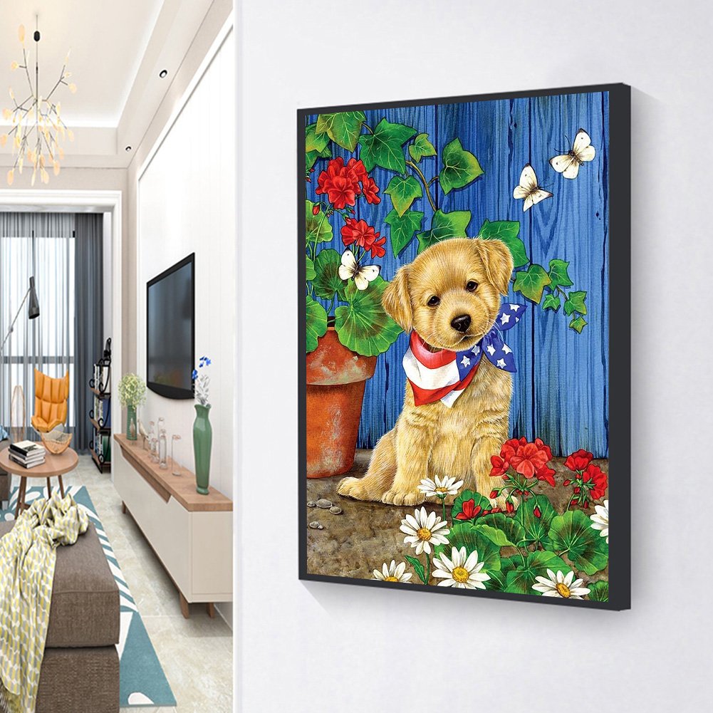 Kit de pintura de diamante DIY 5D - rodada completa - cão de flor