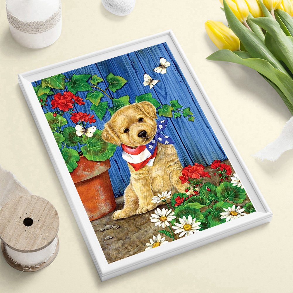 Kit de pintura de diamante DIY 5D - rodada completa - cão de flor