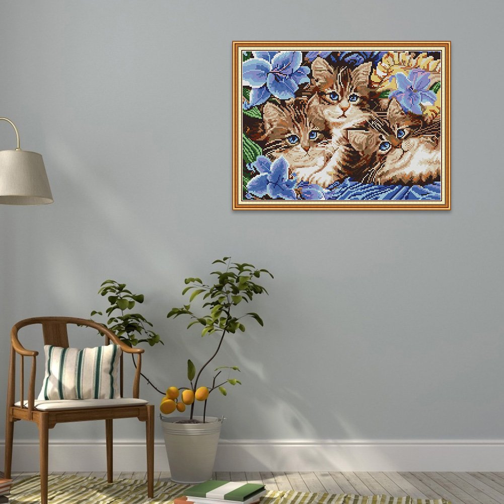 Ponto cruz estampado 14ct - 3 gatos (39*31cm)