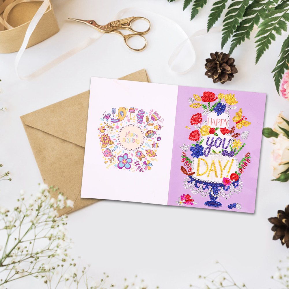 DIY 5D Diamond Painting Happy Birthday Postcard-Cake