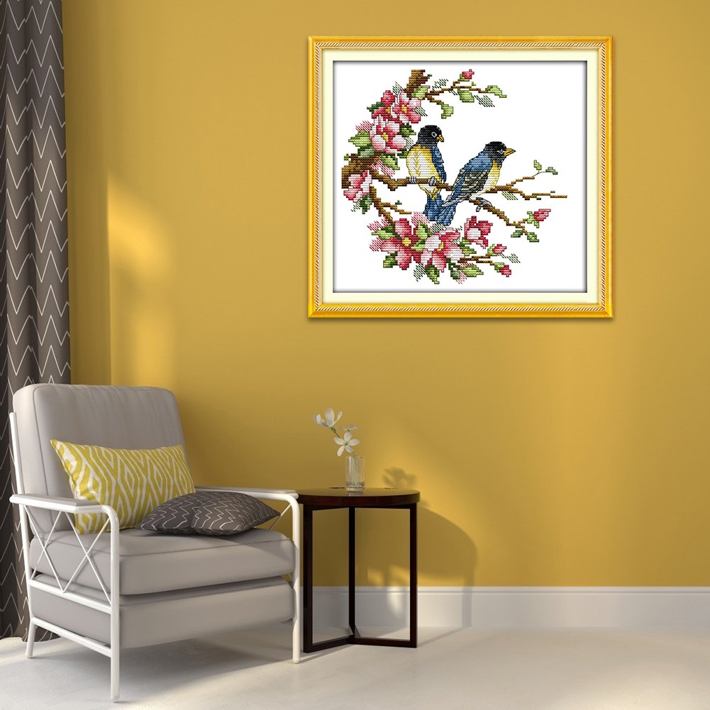 Ponto cruz estampado 14 ct - pássaros de flores (27*25 cm)