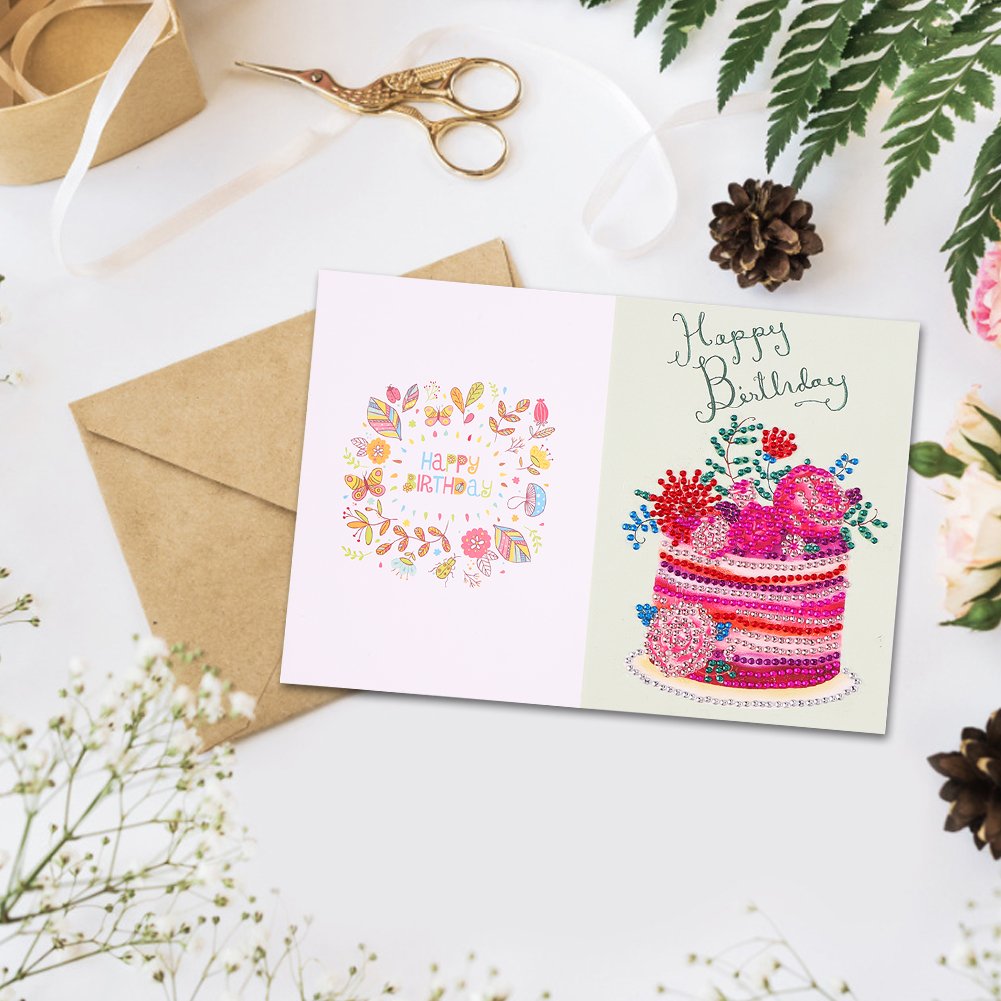 DIY 5D Diamond Painting Happy Birthday Postcard- Cake