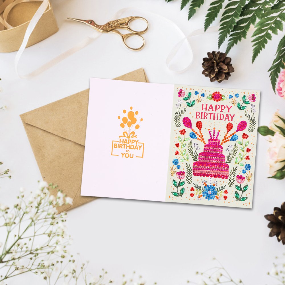 DIY 5D Diamond Painting Happy Birthday Postcard-Cake