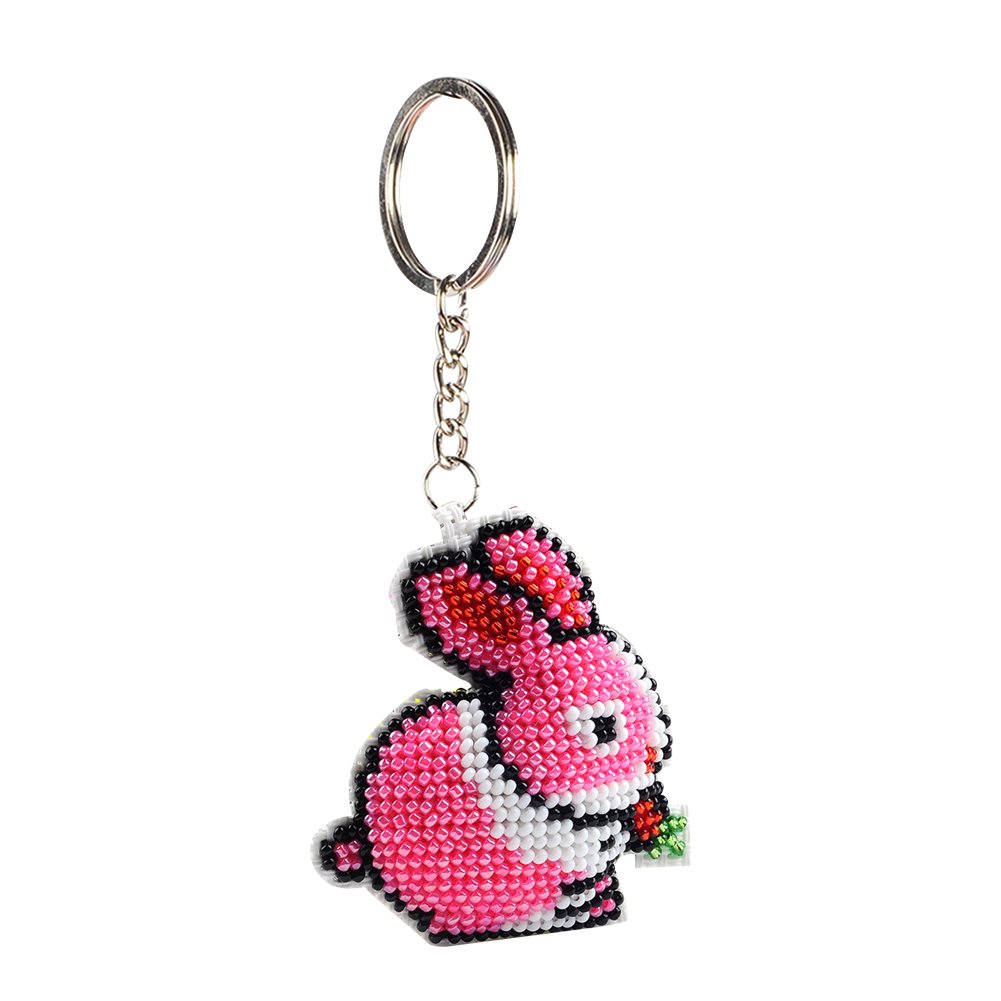 Stamped Beads Cross Stitch Keychain Pink Rabbit