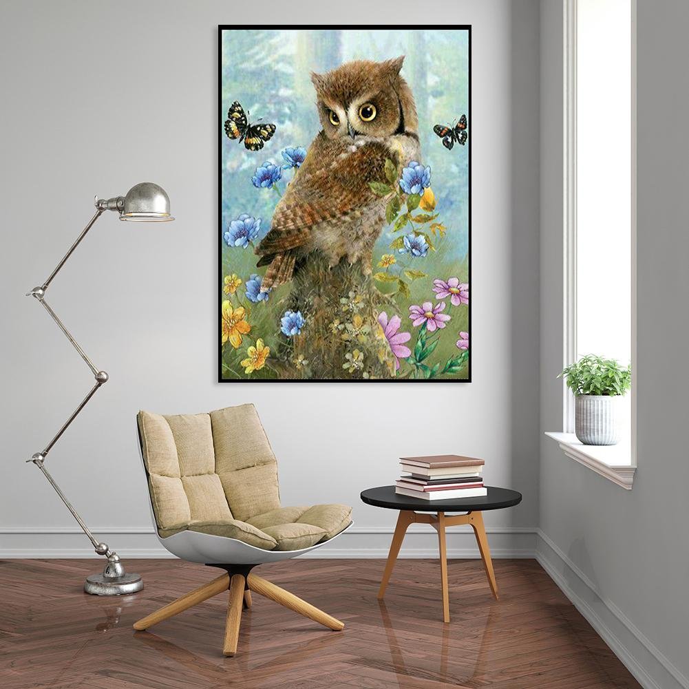 Pintura Diamante - Redondo Completo - Coruja Flor