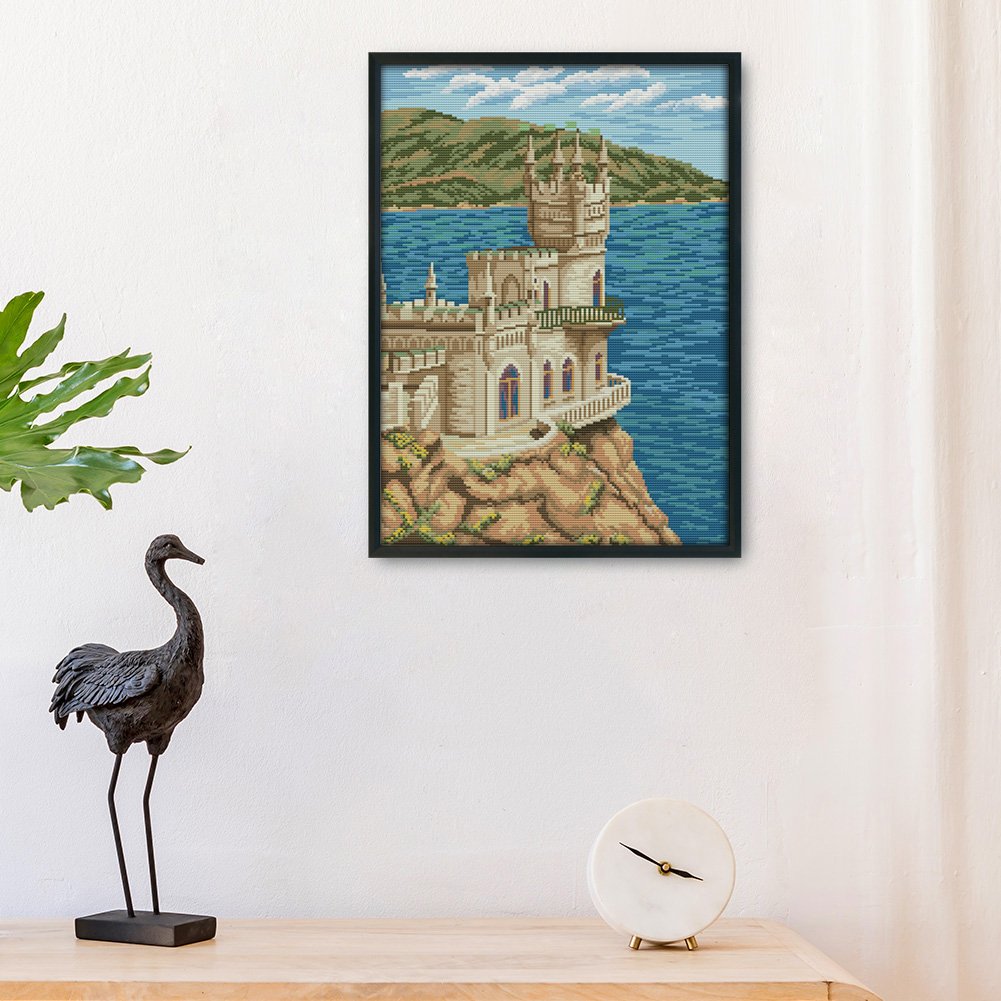 Ponto cruz estampado 14 quilates - Igreja à beira-mar (36 x 46 cm)