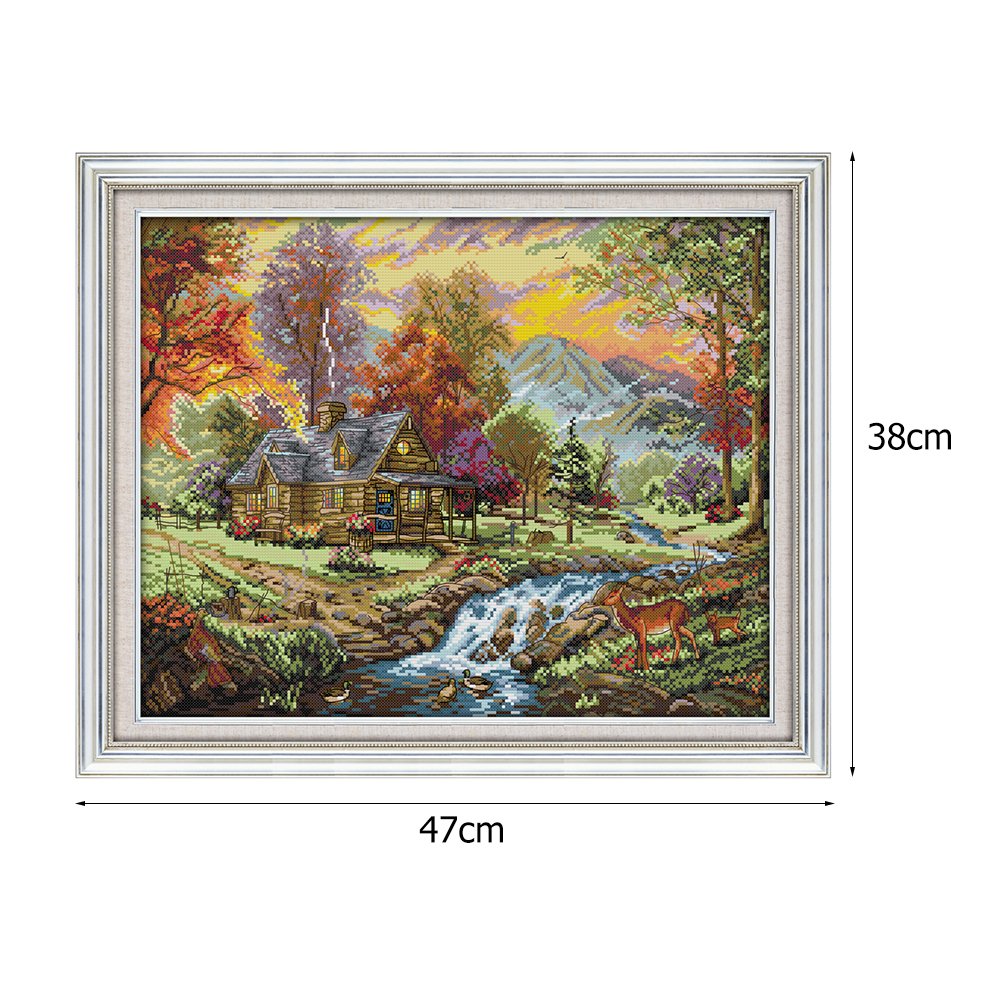 14 quilates de ponto de cruz estampado - Forest River House (47 x 38 cm)