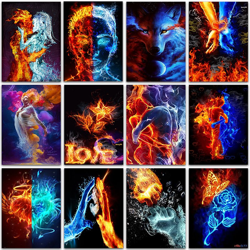5D Full Round Square Diamond Painting With Fire & Ice Art Printing