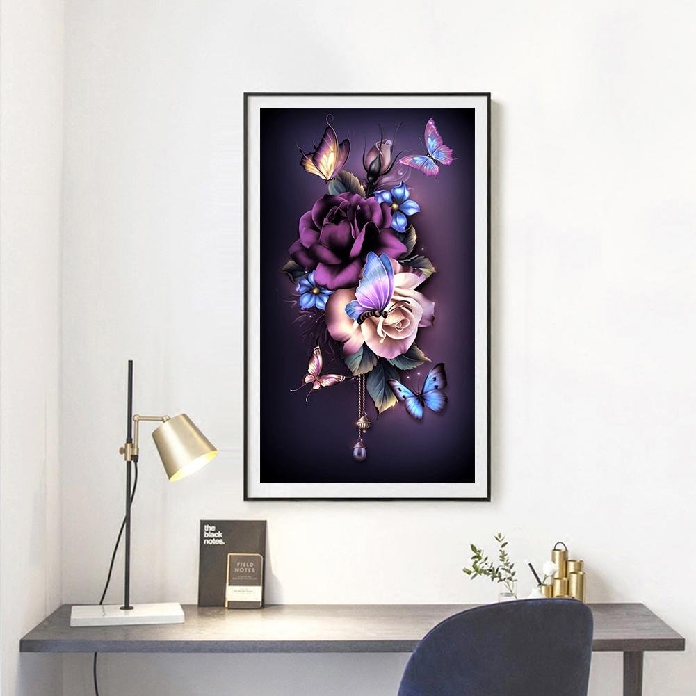 Pintura Diamante - Redondo Completo - Linda Flor Borboleta (30*48cm)