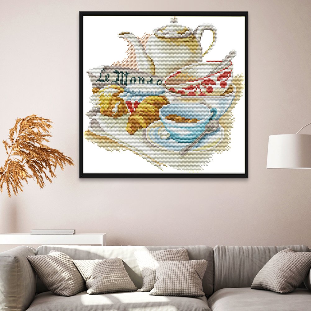 Ponto Cruz Estampado 14ct - Jogo de Chá Elegante (29*29cm)