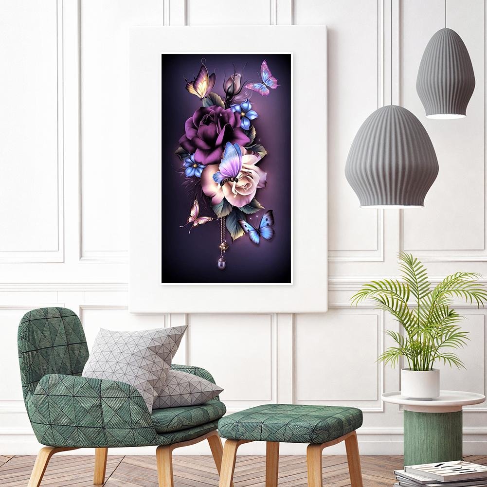 Pintura Diamante - Redondo Completo - Linda Flor Borboleta (30*48cm)