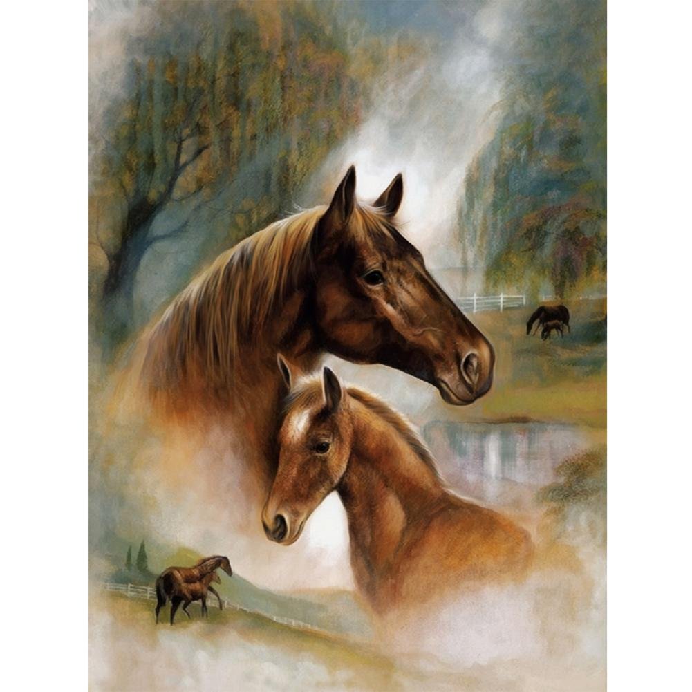 Diamond Painting Partial Round Horse Family