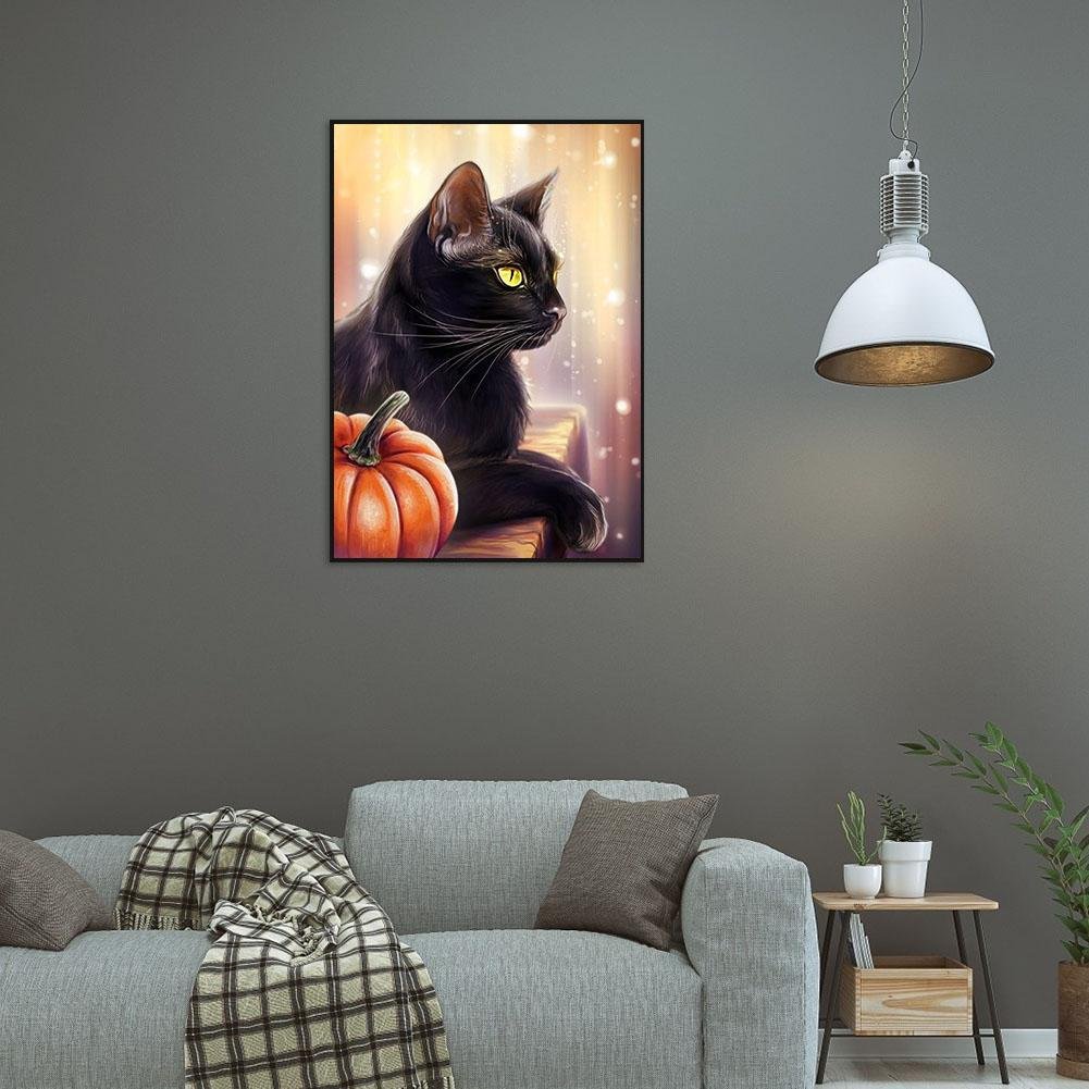 Kit de pintura de diamante DIY 5D - redondo completo - gato preto B