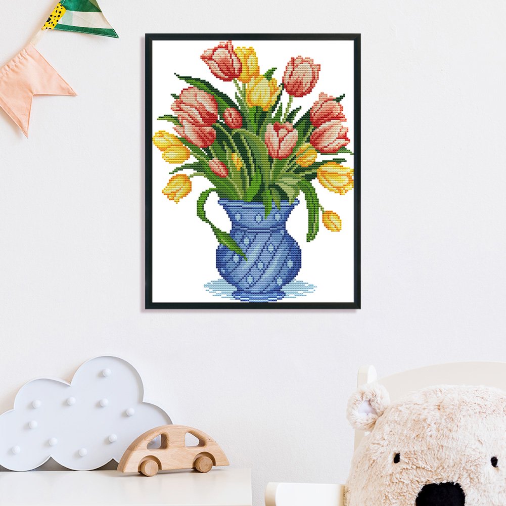 14ct Estampado Ponto Cruz - Vaso Tuilp (37*29cm)