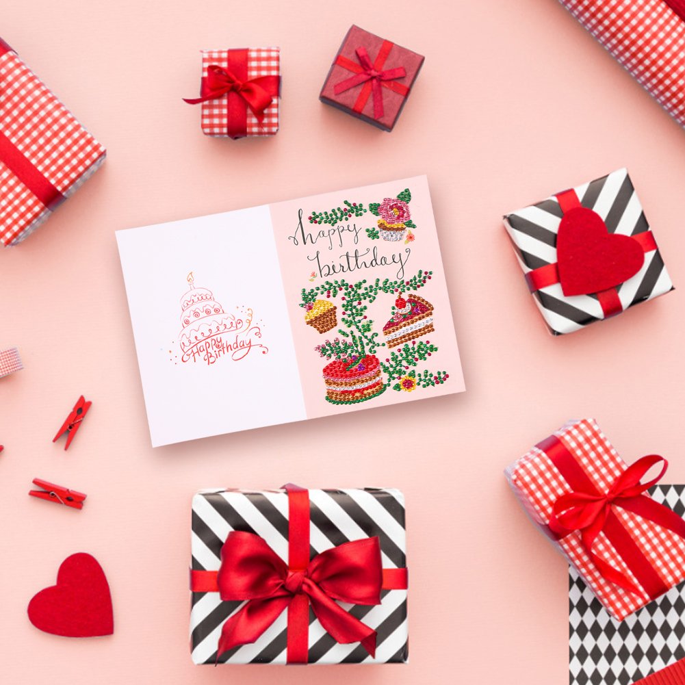 DIY 5D Diamond Painting Happy Birthday Postcard-Cake