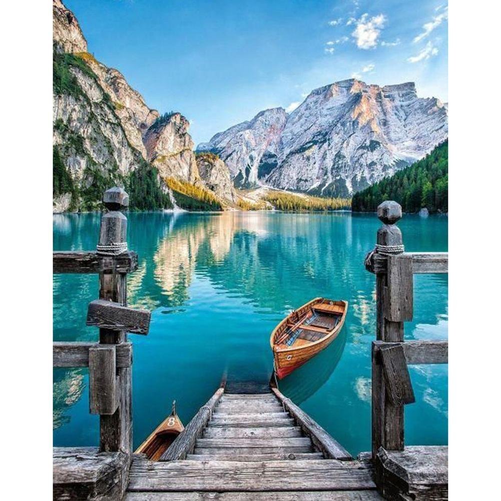 5D Diy Diamond Painting Kit Full Round Beads Blue Boat Lake