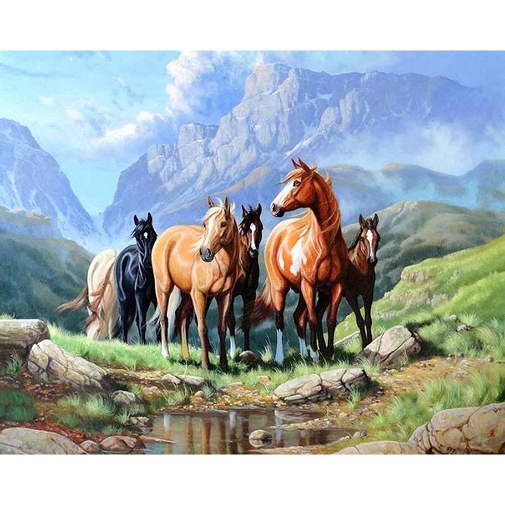 5D Diy Diamond Painting Kit Full Round Beads Horses