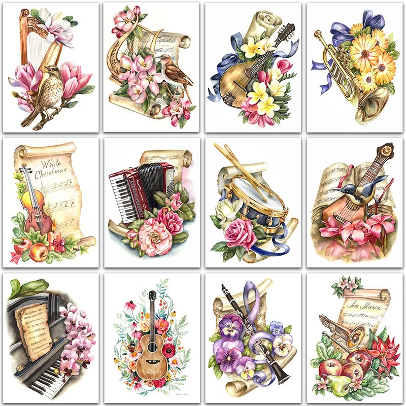 Diamond Mosaic Embroidery Kit Flower Musical Instrument