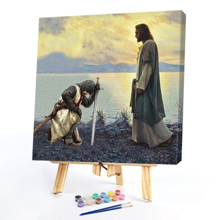 Knight and God Hand Painted on Canvas Colouring Oil Art Picture