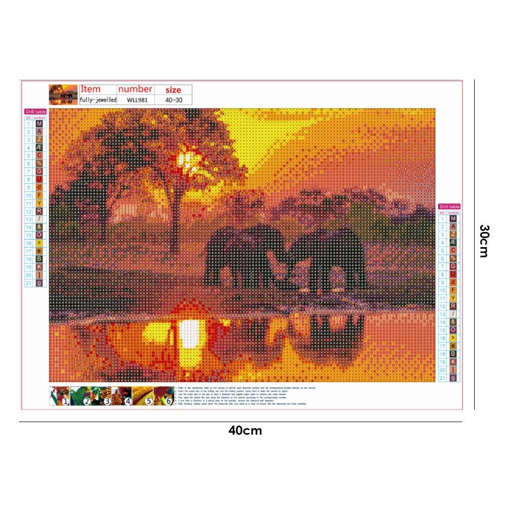 Pintura Diamante - Rodada Completa - Elefante Pôr do Sol