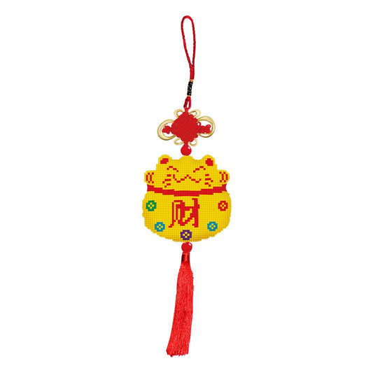 Lucky Cat Stamped Beads Cross Stitch Keychain