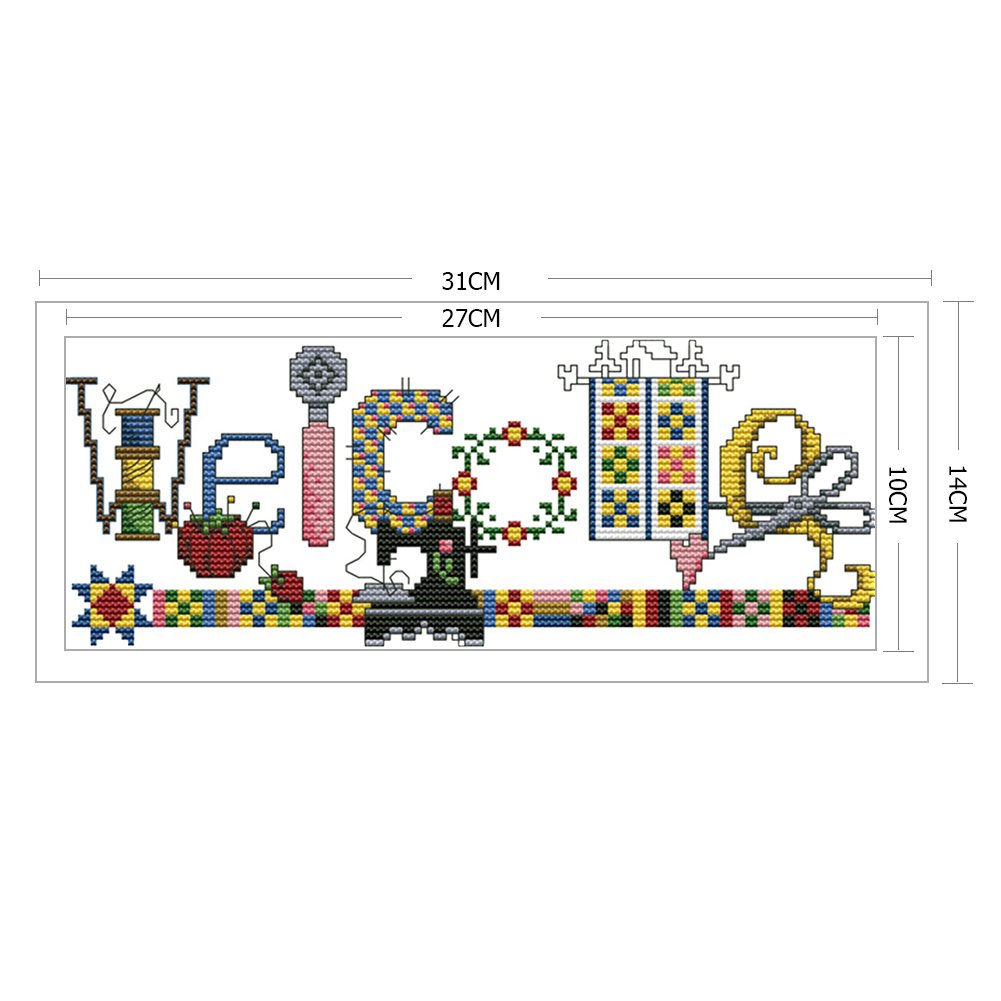 Ponto cruz estampado 14 quilates - cartão de boas-vindas da máquina de costura (31 x 14 cm)