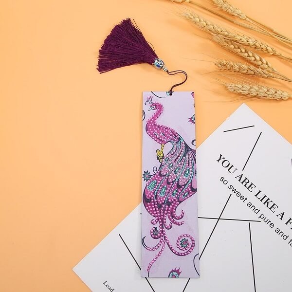 pink peacock diamond beaded bookmark leather tassel