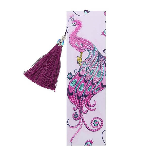 pink peacock diamond beaded bookmark leather tassel