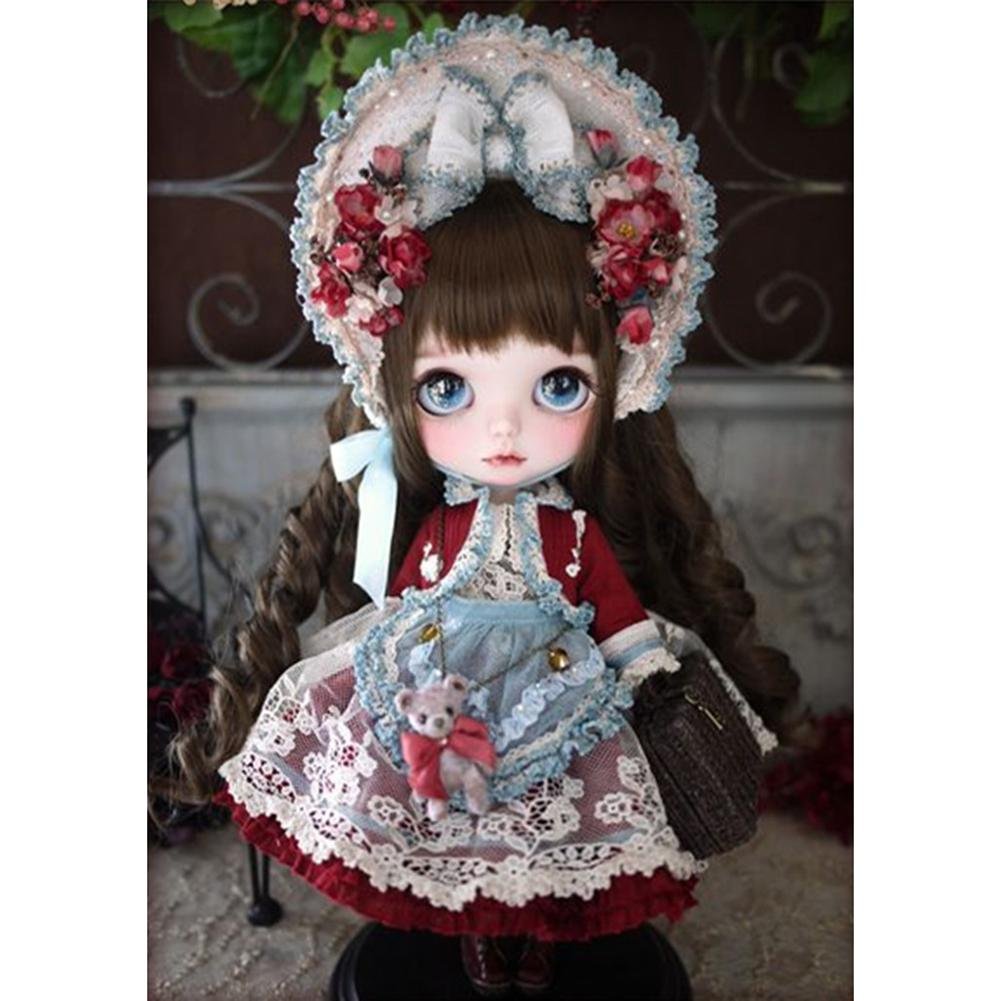 5D Diy Diamond Painting Kit Full Round Beads Girl Doll in Bow Tie Hat