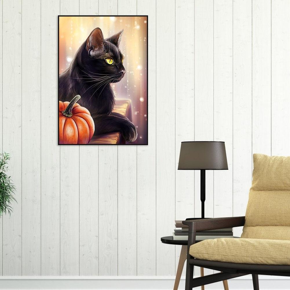 Kit de pintura de diamante DIY 5D - redondo completo - gato preto B