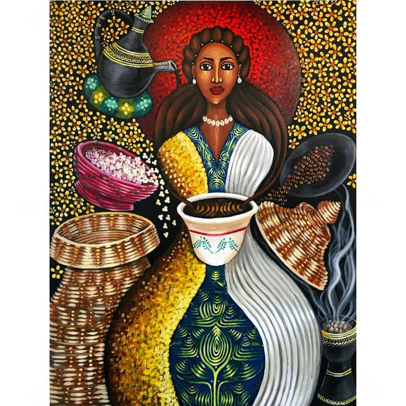 thiopian Coffee Art Abstract Full Round Diamond Painting Kits