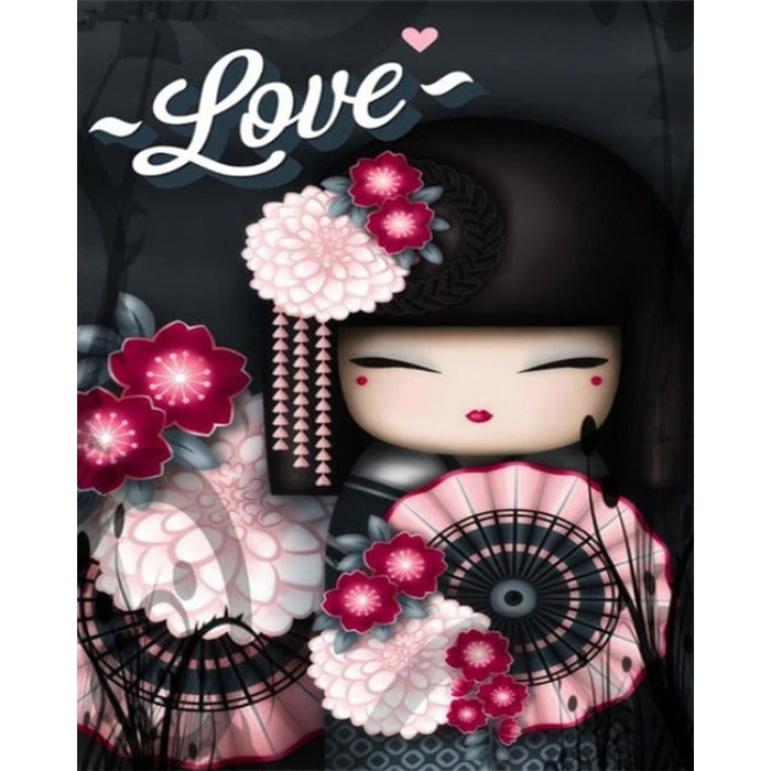 Japanese Doll Frameless Oil Paint by Numbers Kit Handpainted on Canvas Picture
