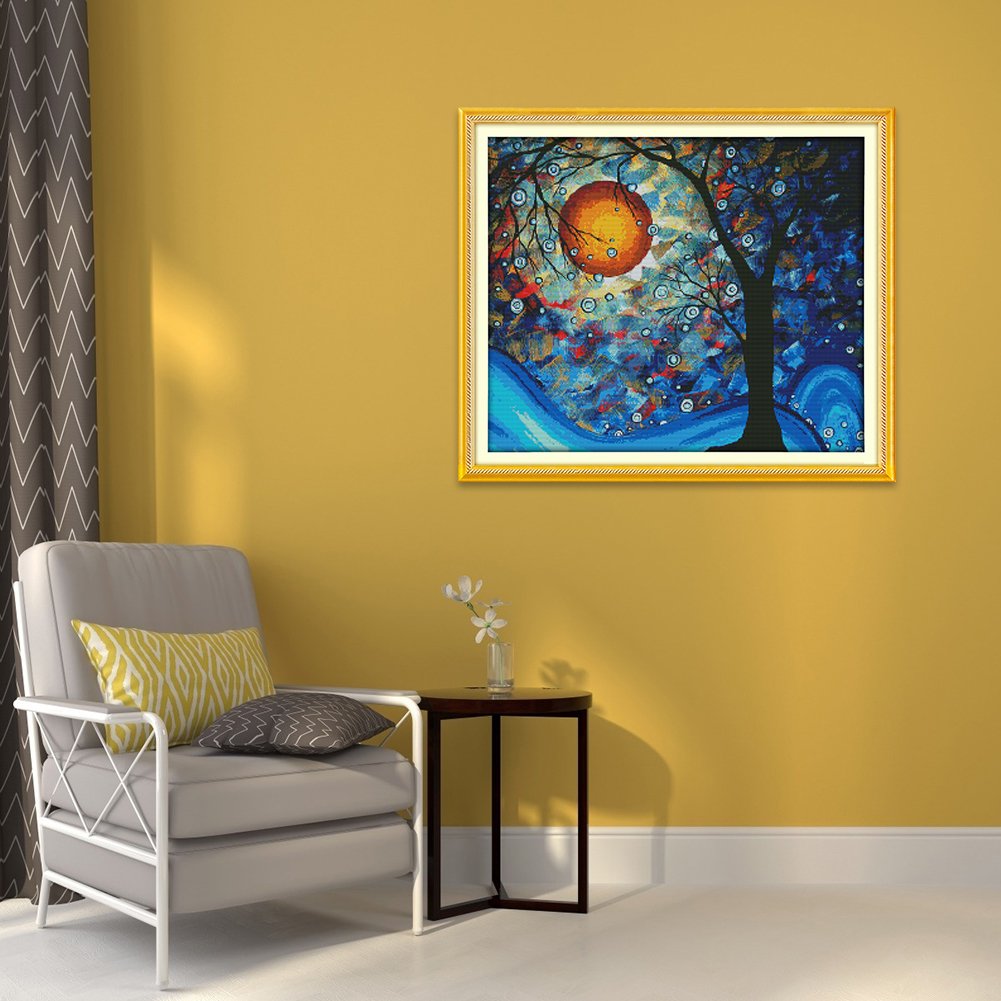 Ponto cruz estampado 14ct - Árvore da lua noturna (62*53cm)