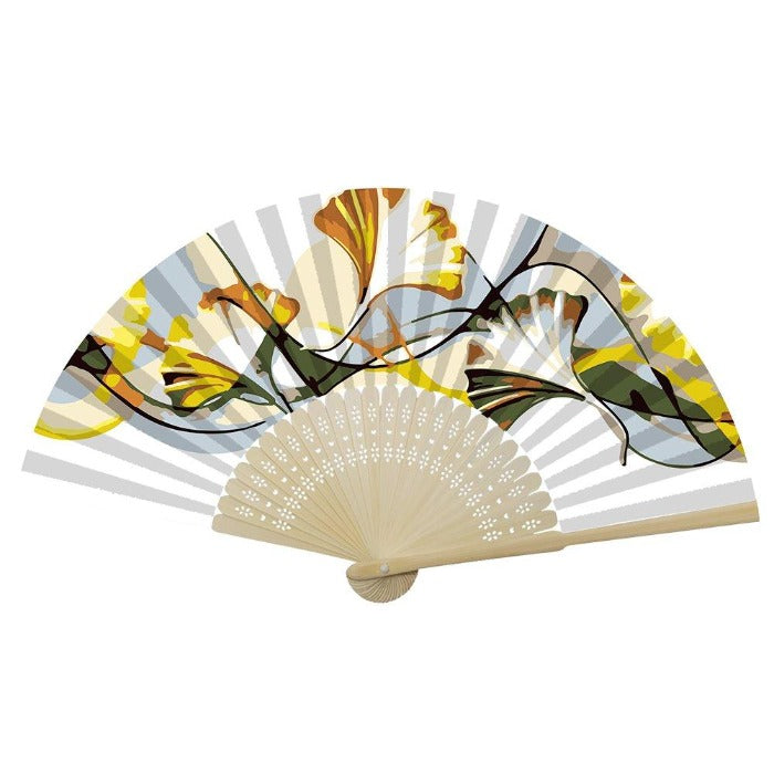 DIY Oil Paint By Number Folding Fan Art Craft Ginkgo Leaf