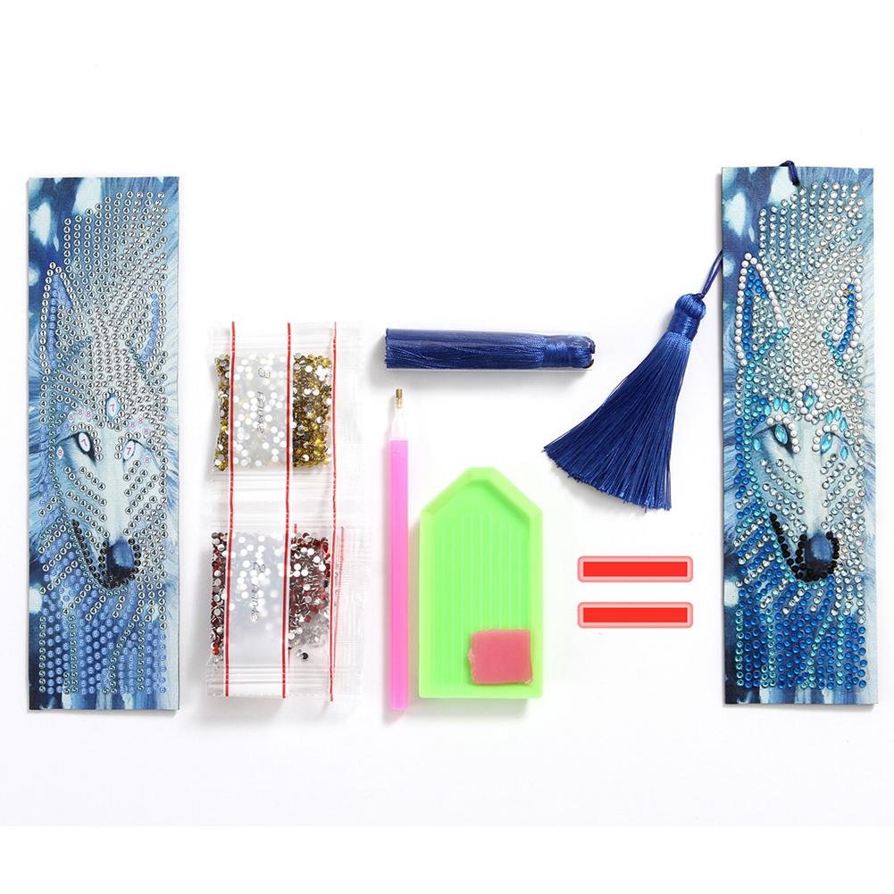 DIY Special Shape Diamond Painting Leather Bookmark Tassel Wolf Embroidery
