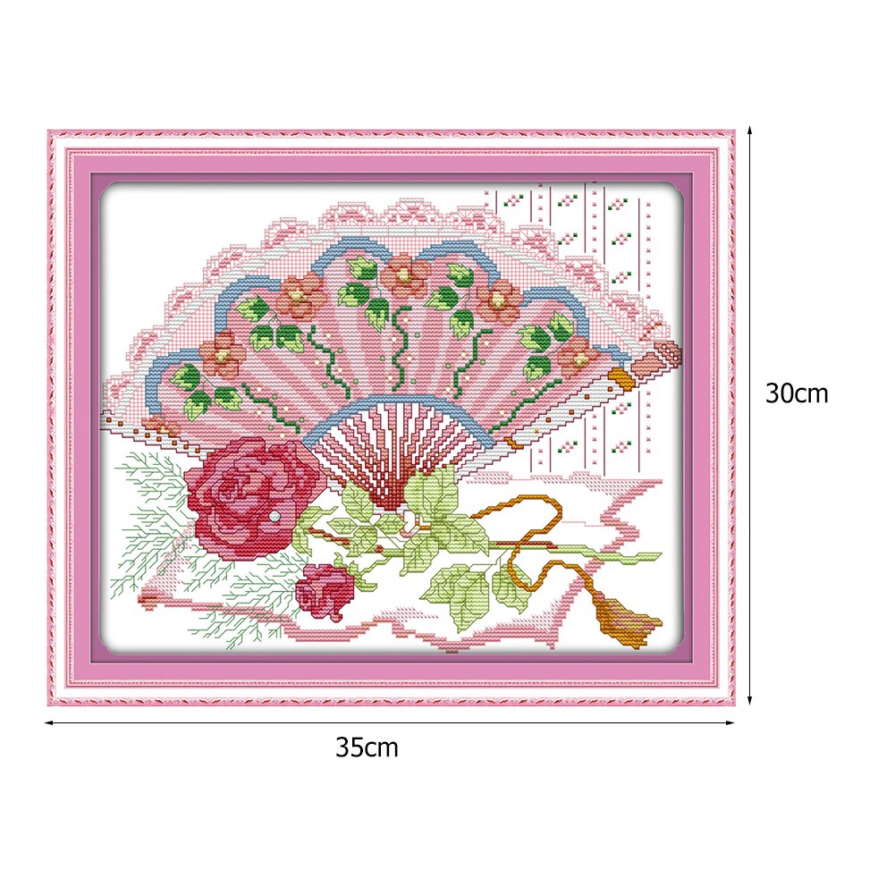 Ponto cruz estampado 14 quilates - leque rosa (35 x 30 cm)