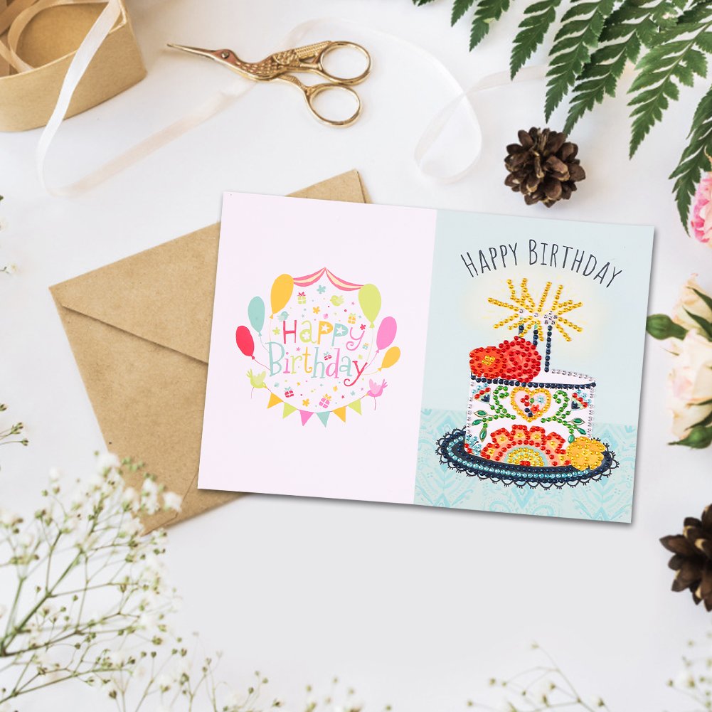 DIY 5D Diamond Painting Happy Birthday Postcard-Cake