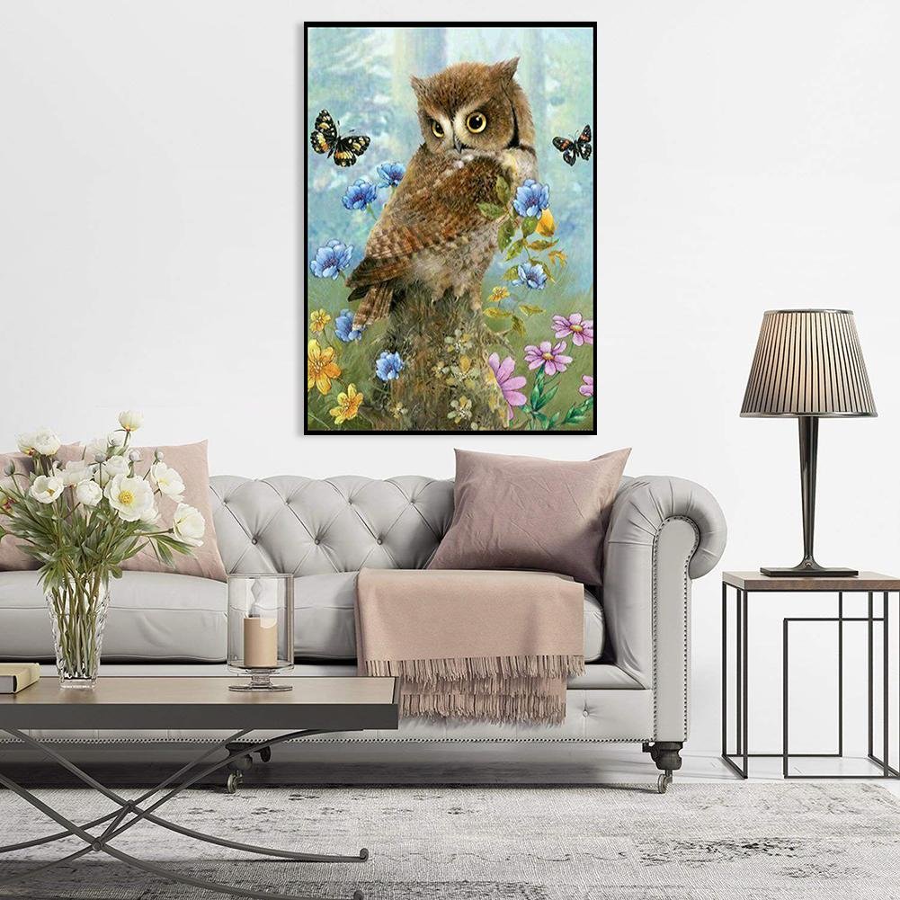 Pintura Diamante - Redondo Completo - Coruja Flor
