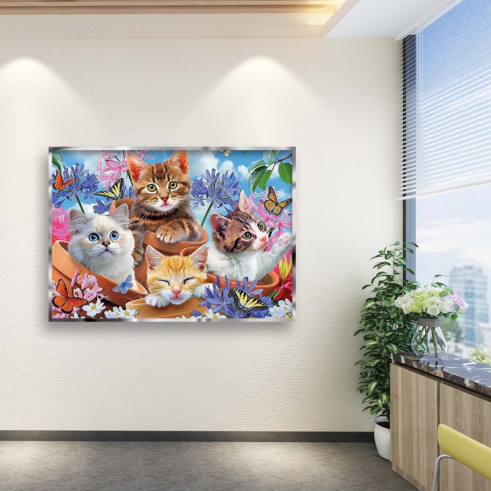5D DIY Diamond Painting Kit - Full Round - Four Cats In Flower