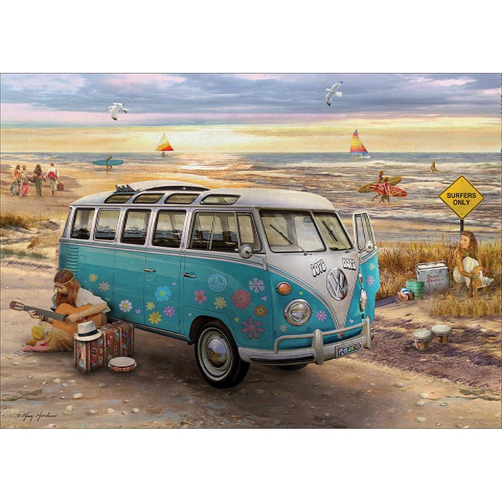 5D Diy Diamond Painting Kit Full Round Beads Blue Bus