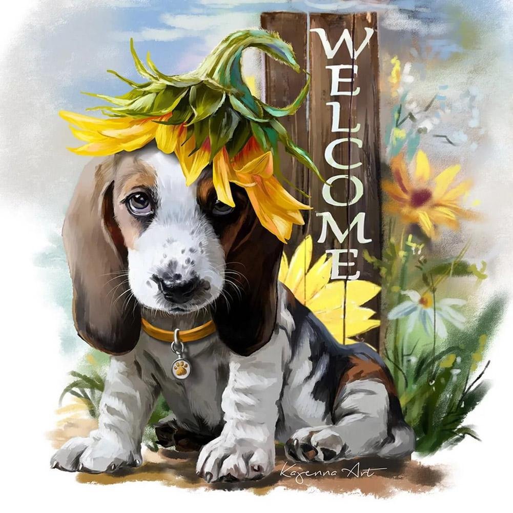 Diamond Painting Partial Round Dog with Sunflower