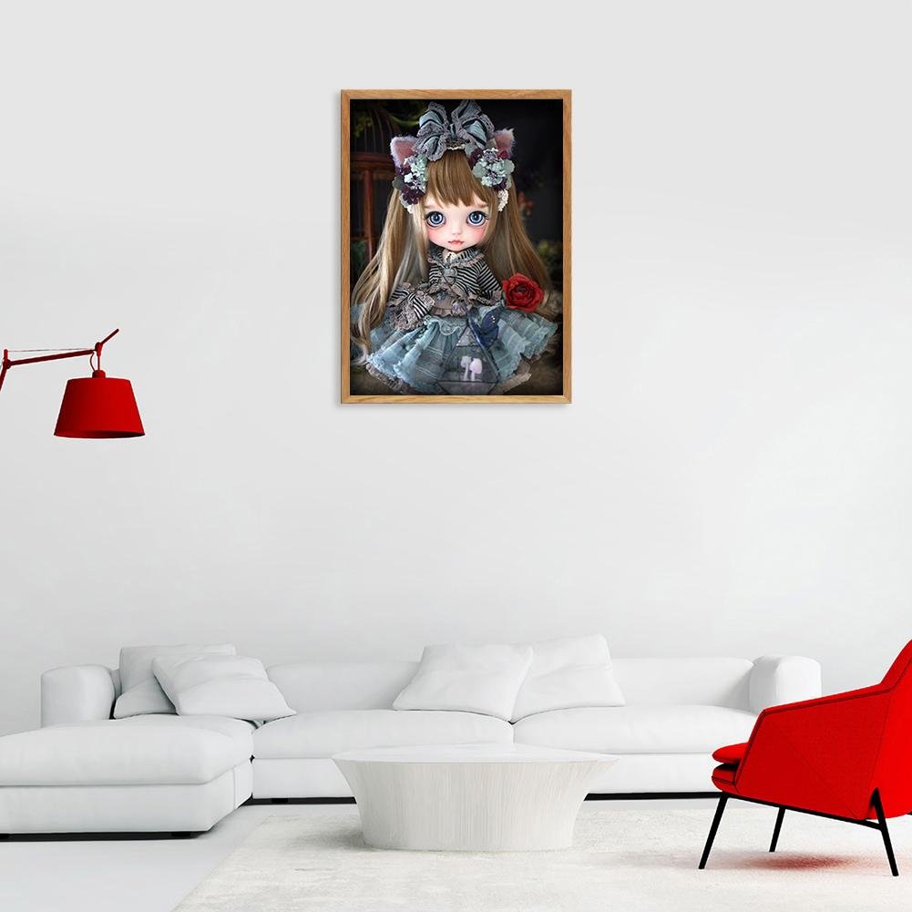 Pintura de diamante - rodada completa - boneca em uma camisa listrada