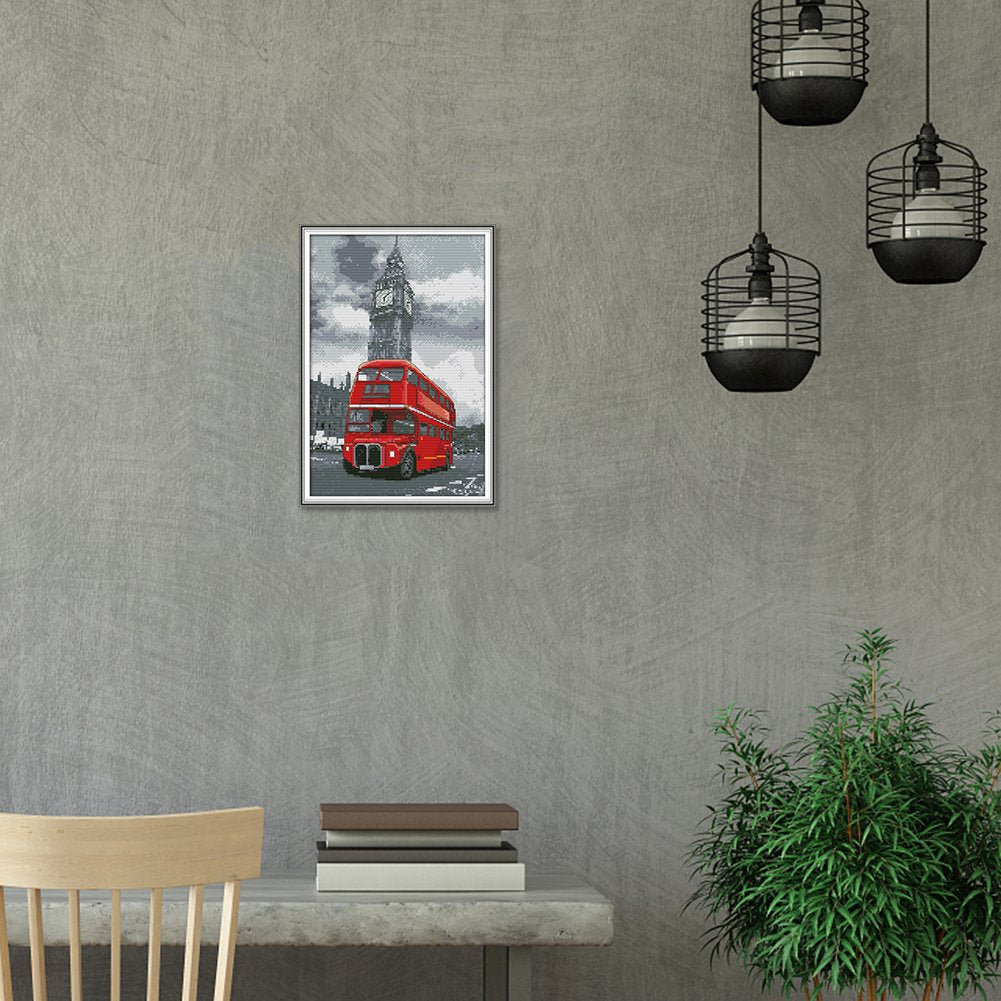 Ponto cruz estampado 14ct - ônibus de rua (38*28cm)