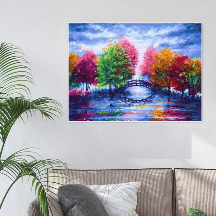 Painting By Numbers Kit DIY Lake Tree Bridge Canvas Oil Art Picture